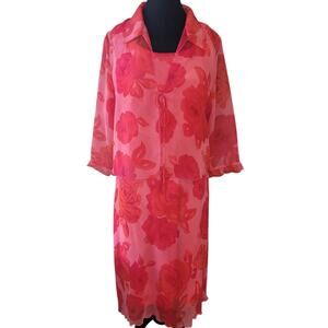 VTG Believe… Pink Red Floral Chiffon 2-Piece Midi Dress Set Size 14 EUC